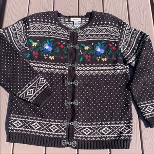 80s Vintage Talbots fair isle floral knit cardigan, clasp closure SZ Small